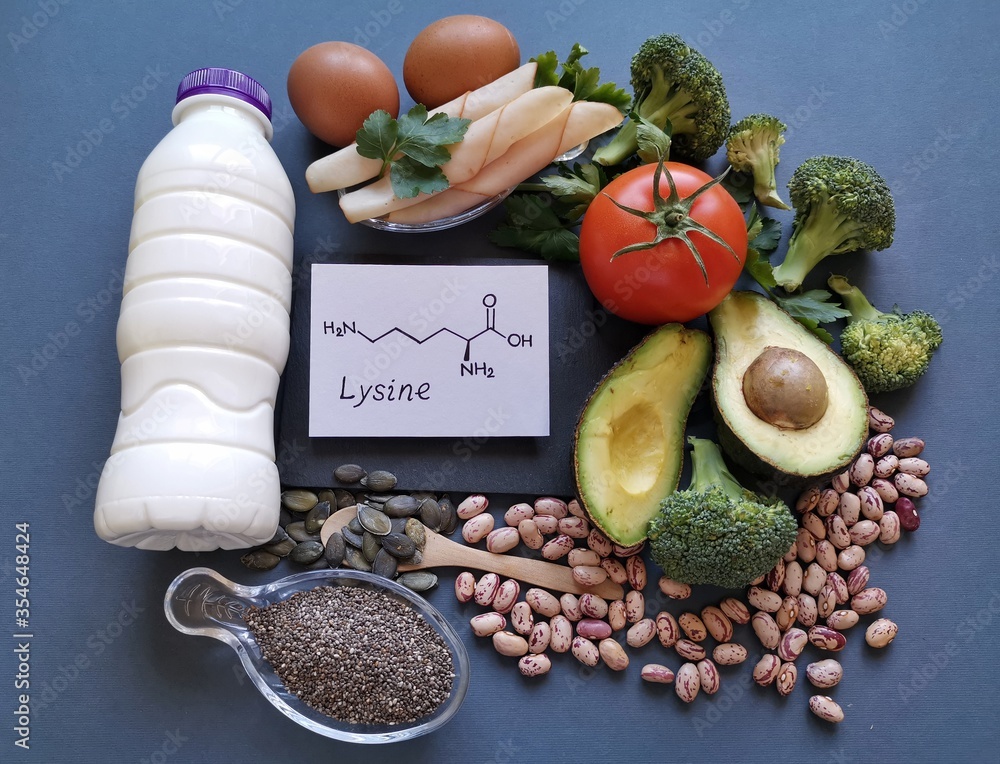 Foods rich in lysine (an essential amino acid) with structural chemical