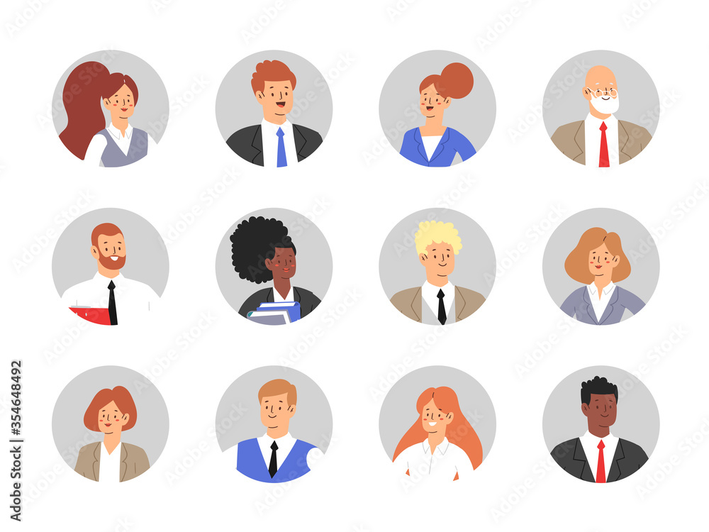 Set of business people avatars. Businessmen and businesswomen cartoon characters. Office team, mix race collective workers, entrepreneurs. Men and women in suits standing together. Vector illustration Set of business people avatars. Businessmen and businesswomen cartoon characters. Office team, mix race collective workers, entrepreneurs. Men and women in suits standing together. Vector illustration