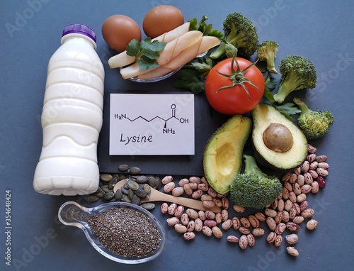 Foods rich in lysine (an essential amino acid) with structural chemical formula of lysine. Natural food sources of proteins. High protein food products: avocado, eggs, milk, broccoli, beans, chia seed photo