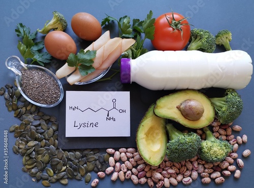 Foods rich in lysine (an essential amino acid) with structural chemical formula of lysine. Natural food sources of proteins. High protein food products: avocado, eggs, milk, broccoli, beans, chia seed photo
