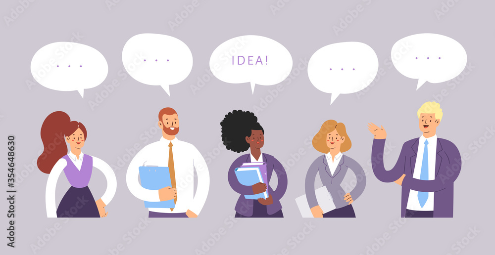 Set of business people with speech bubbles talking, Communicating, discuss and Make decisions. Businessmen and businesswomen cartoon characters group chat. Office team, mix race collective workers.