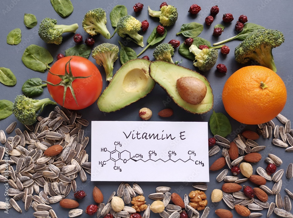 Food rich in vitamin E with structural chemical formula of vitamin E