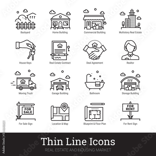 Real estate, city and homes thin line icons. Modern linear logo concept for web, mobile app. House building, commercial property, floor plan, moving service, city map, realty business vector icons set