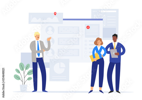Business people vector illustration concept of brainstorming, generation of ideas, research and development department. For web banner, marketing material, business presentation, online advertising