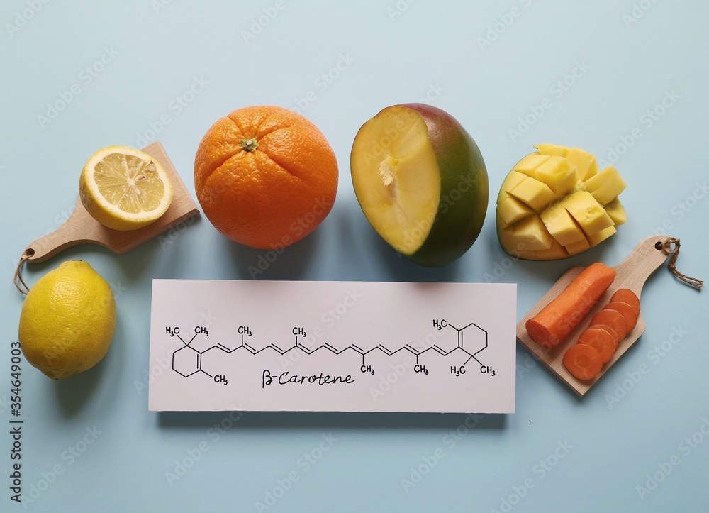 Food rich in beta carotene with structural chemical formula of beta
