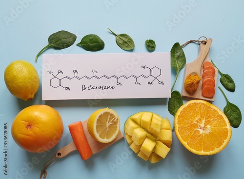 Tableau sur toile Food rich in beta carotene with structural chemical formula of beta carotene