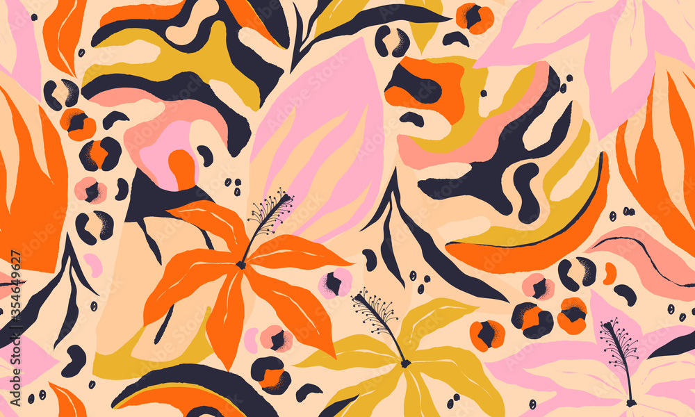 Modern exotic jungle plants illustration pattern. Creative collage contemporary floral seamless pattern. Fashionable template for design. Modern exotic jungle plants illustration pattern. Creative collage contemporary floral seamless pattern. Fashionable template for design.