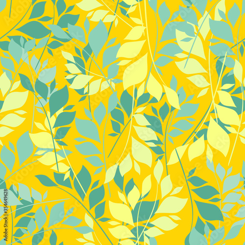 Bright seamless floral vector pattern with branches and leaves of different colors on a yellow background. For textiles, clothing, bedding, wallpaper, tile