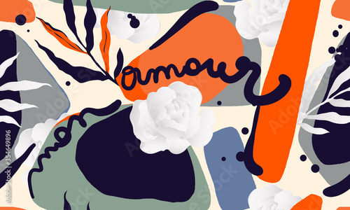 Modern artistic illustration pattern. Creative collage contemporary floral seamless pattern. Fashionable template for design. Sign 