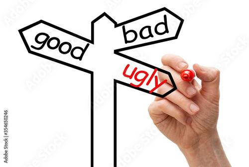 Three-way hand-drawn signpost with the options good, bad and ugly