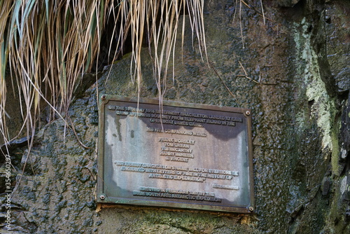 Metal plate in memory of Ernest Shackleton and his men. Cape Rosa, South Georgia photo