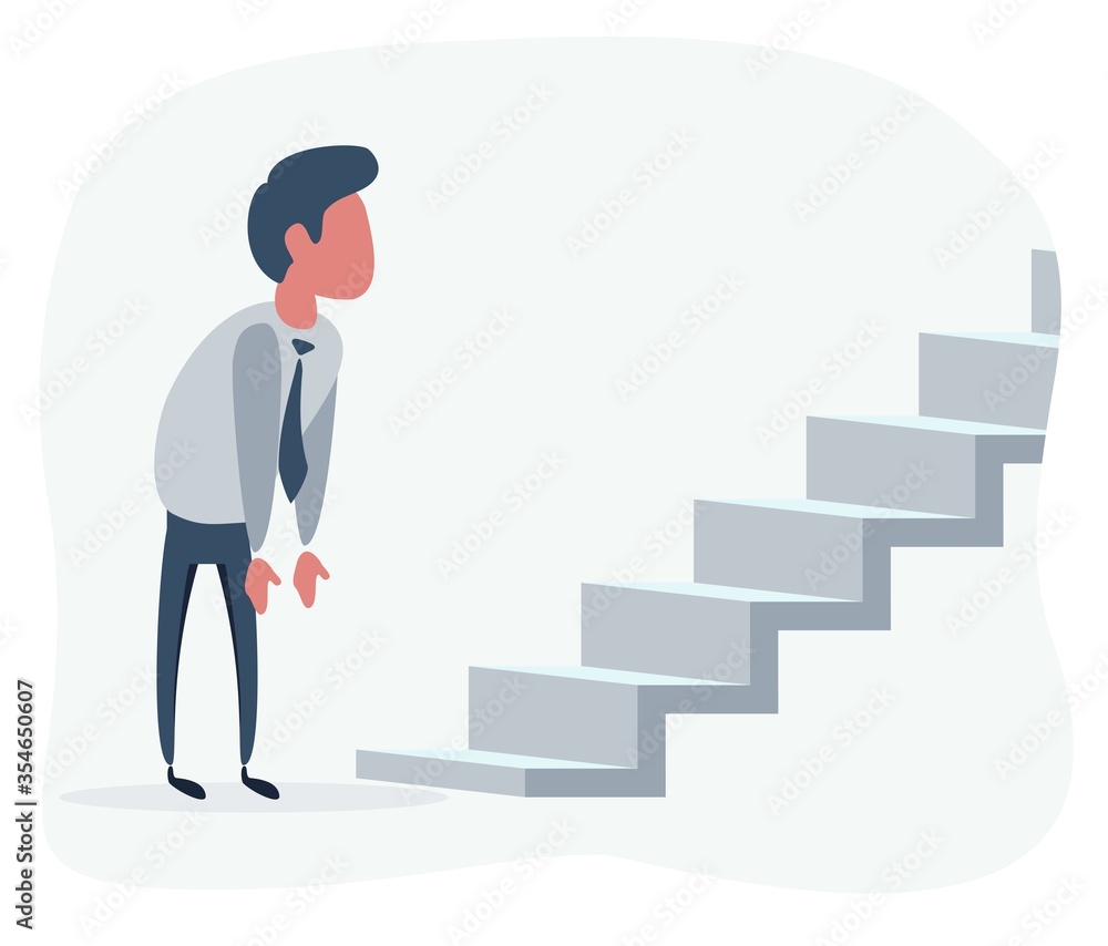 Obraz premium Flat Man Looking at the stair with question of new opportunities or challenges. Vector flat design illustration.