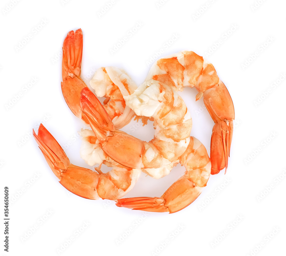 Pile of boiled shrimps isolated on white background, top view. Pile of boiled shrimps isolated on white background, top view.