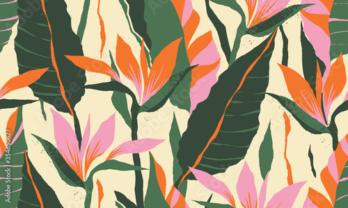Jungle plants illustration pattern. Creative collage contemporary floral seamless pattern. Fashionable template for design.