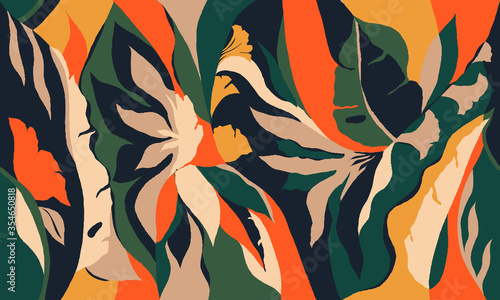 Exotic jungle plants illustration pattern. Creative collage contemporary floral seamless pattern. Fashionable template for design.