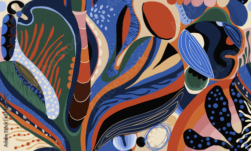 Abstract exotic illustration pattern. Creative collage contemporary seamless pattern. Fashionable template for design. Natural colors. 