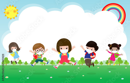 Back to school for new normal lifestyle concept. happy kids wearing face mask and social distancing protect coronavirus covid 19, group of happy Kids jumping on meadow at school isolated on background