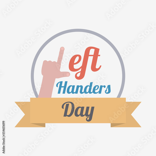 Left hand with index finger and thumb as letter L for left handers day greeting card with ribbon and frame in flat cartoon style