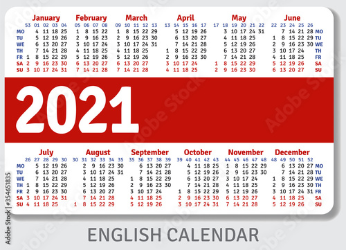English calendar grid for 2021 in the form of a pocket calendar or personal organizer, isolated on gray background, horizontal vector template