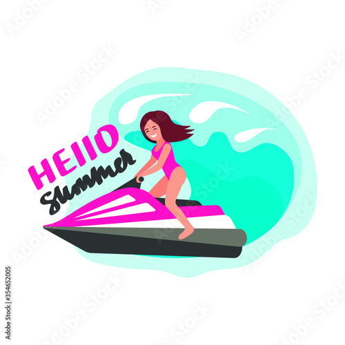 Girl on water bike flat vector illustration