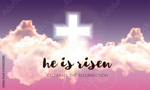 He is risen. Easter banner background with clouds, divine sunlight , crucifixion, cross and sun rise. Vector illustration