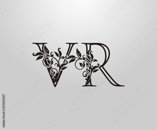 Vintage V, R and VR Letter logo. Graceful Floral Flower Alphabet Mark for letter stamp, weeding card, brand name, Restaurant, Boutique, Hotel.