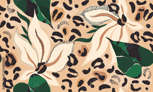 Modern exotic pattern with leopard skin. Creative collage contemporary floral seamless pattern. Fashionable template for design.