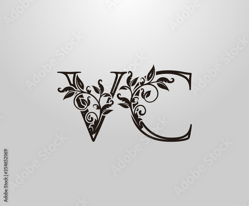 Vintage V, C and VC Letter logo. Graceful Floral Flower Alphabet Mark for letter stamp, weeding card, brand name, Restaurant, Boutique, Hotel.