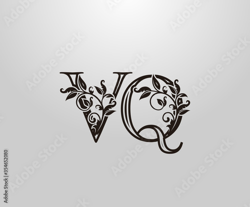 Vintage V, Q and VQ Letter logo. Graceful Floral Flower Alphabet Mark for letter stamp, weeding card, brand name, Restaurant, Boutique, Hotel.