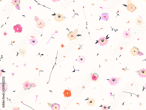 Minimal little flowers illustration pattern. Cute floral seamless pattern. Fashionable template for design.