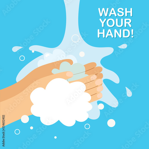Hand washing with antibacterial antiseptic hand soap in water tap. Vector illustration style