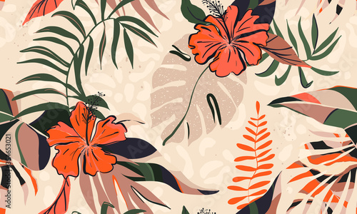 Hand drawn abstract floral pattern with leopard print. Creative collage contemporary seamless pattern. Natural colors. Fashionable template for design.