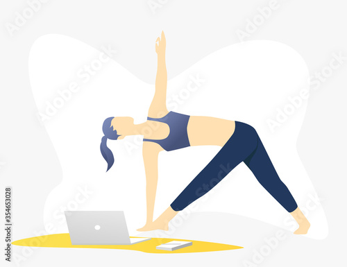 Beautiful slim girl in the top is engaged in online training. A young woman is looking at a laptop on a stretching course. Blue and yellow design.