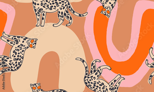 Bright pattern with leopards. Creative collage contemporary seamless pattern. Fashionable template for design.