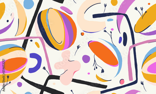 Colorful abstract llustration pattern. Creative collage contemporary floral seamless pattern. Fashionable template for design.