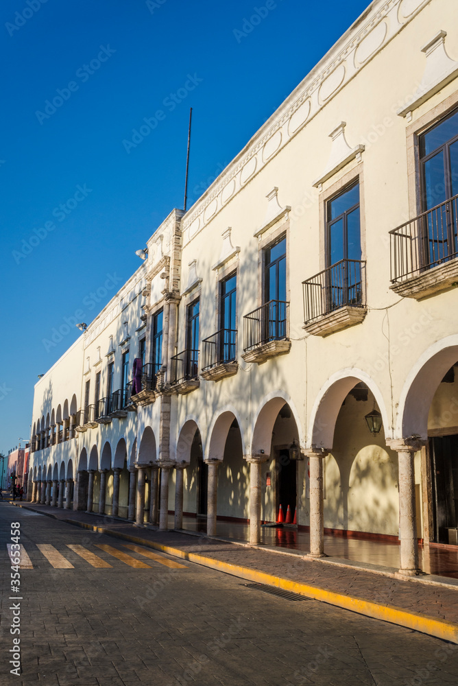 Beautiful Spanish colonial-era buildings lining the Francisco Canton Rosado Main Park, Valladolid, Yucatan, Mexico