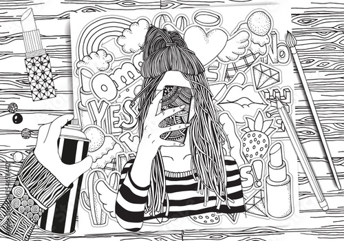 Yong girl taking picture on smartphone. Coloring book page for adult. Fashion Patch Badges in cartoon 80 s-90 s comic doodle style. Black and white.
