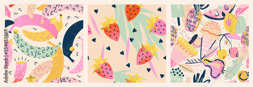 Bright colorful summer patterns. Trendy abstract fruit illustrations. Creative collage seamless patterns.