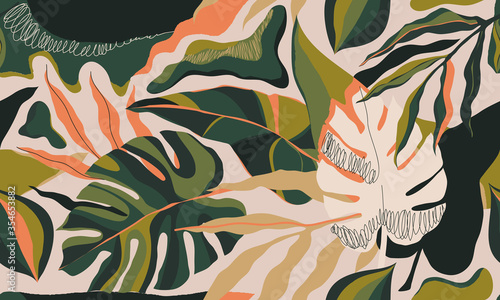 Modern exotic jungle plants illustration pattern. Creative collage contemporary floral seamless pattern. Fashionable template for design.