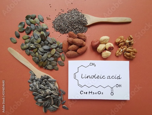 Принти на полотні Structural chemical formula of linoleic acid with foods rich in linoleic acid: almond, hazelnut, walnut, pumpkin, sunflower, chia seeds