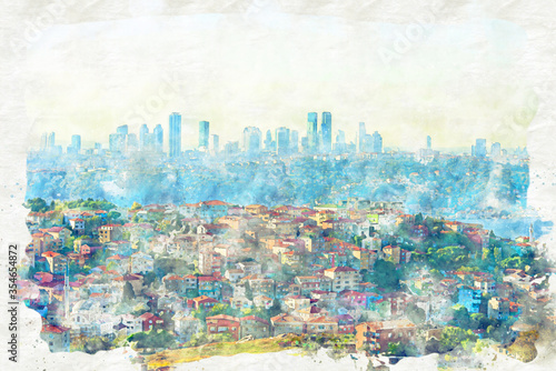 Photography Watercolor drawing. illustration city, istanbul view