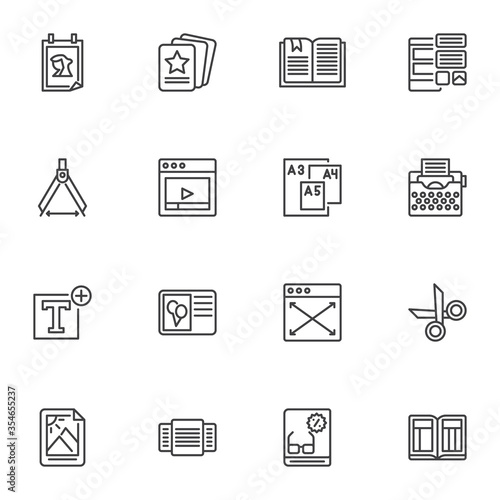Editorial design line icons set, outline vector symbol collection, linear style pictogram pack. Signs, logo illustration. Set includes icons as copywriting, framework, typography, layout,grid, photo