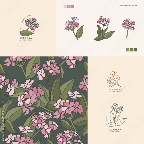 Vector illustration verbena branch - vintage engraved style. Logo composition in retro botanical style. Seamless pattern.