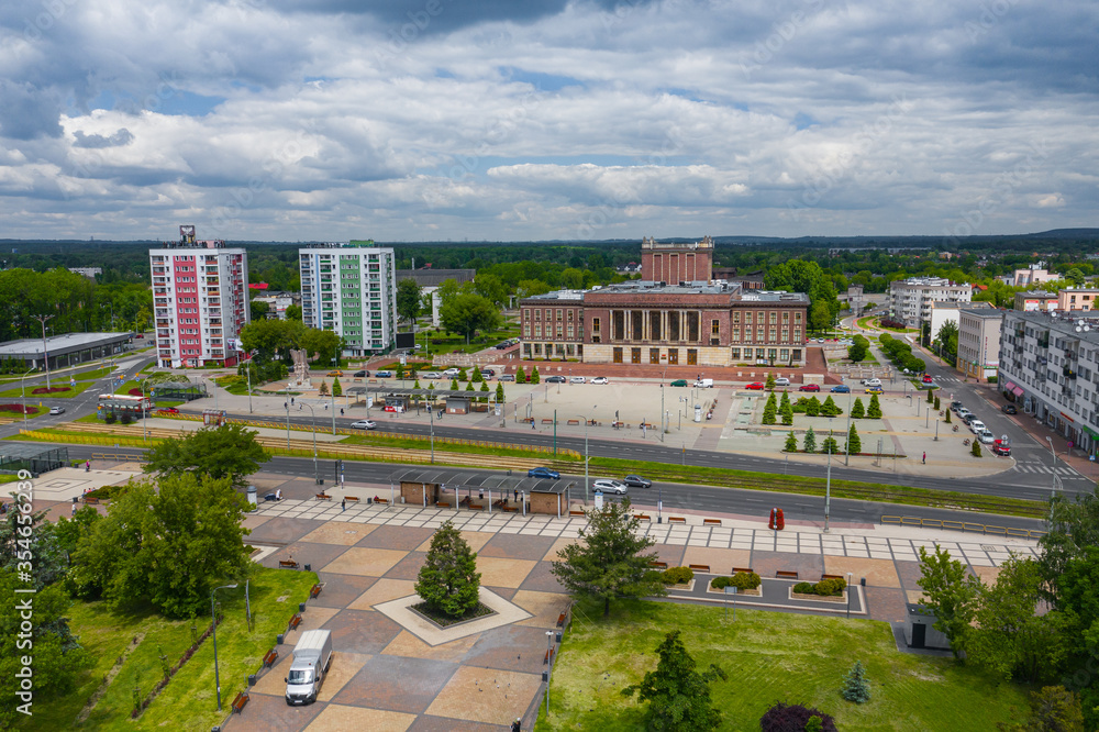 Aerial view of city center of Dabrowa Gornicza, Upper Silesia. Poland.