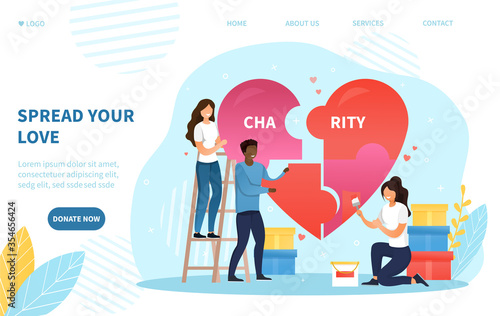 Spread Your Love concept supporting Charity with three young people putting together a heart puzzle with text - Charity, colored vector illustration