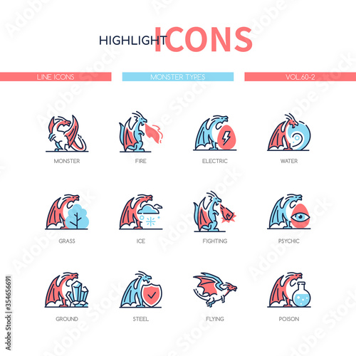 Monster types - line design style icons set