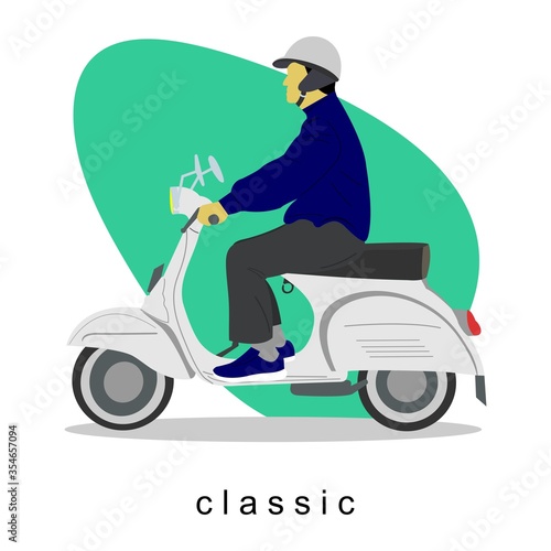 Vector illustration of a person riding a classic motorbike scooter.