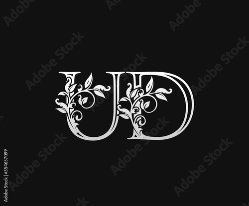 Vintage U, D and UD Letter logo. Graceful Floral Flower Alphabet Mark for letter stamp, weeding card, brand name, Restaurant, Boutique, Hotel.