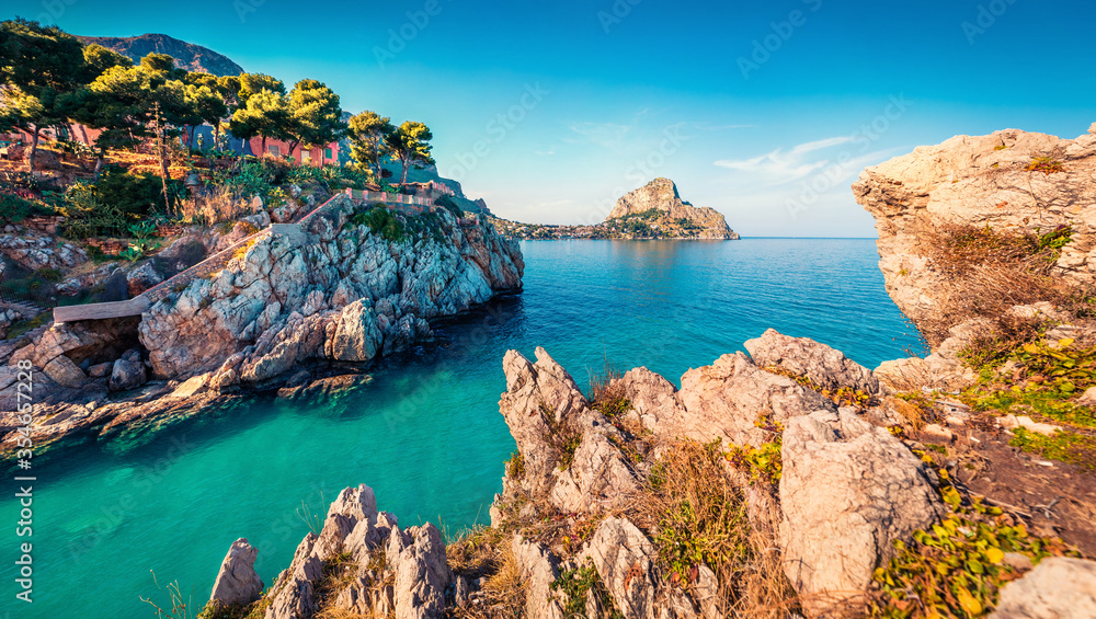 Captivating summer view of Santa Elia cape with Zafferano mountain on background. Tranquil water bay on Sicily, Palermo city location, Italy, Europe. Traveling concept background.