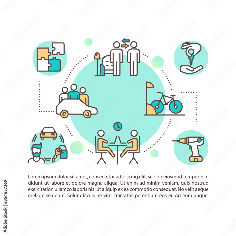 Peer to peer lending services concept icon with text. Carsharing, coworking and property rental. PPT page vector template. Brochure, magazine, booklet design element with linear illustrations Peer to peer lending services concept icon with text. Carsharing, coworking and property rental. PPT page vector template. Brochure, magazine, booklet design element with linear illustrations